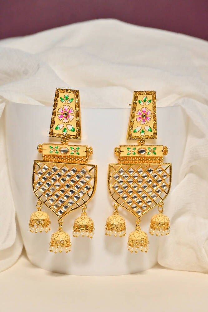 Traditional Gold-Polished Meenakari Beige Jhumka Jhumki Earrings By House of Ree - House of Ree