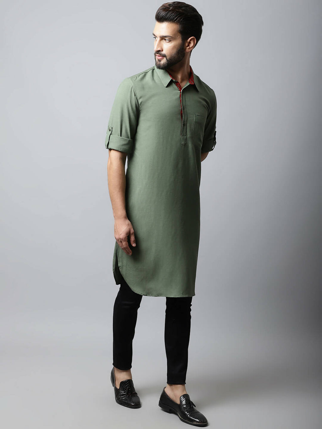 Even Apparels Green Color Linen Solid Men's Kurta With Shirt Collar (LN944) | Grocsy