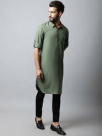 Even Apparels Green Color Linen Solid Men's Kurta With Shirt Collar (LN944) | Grocsy