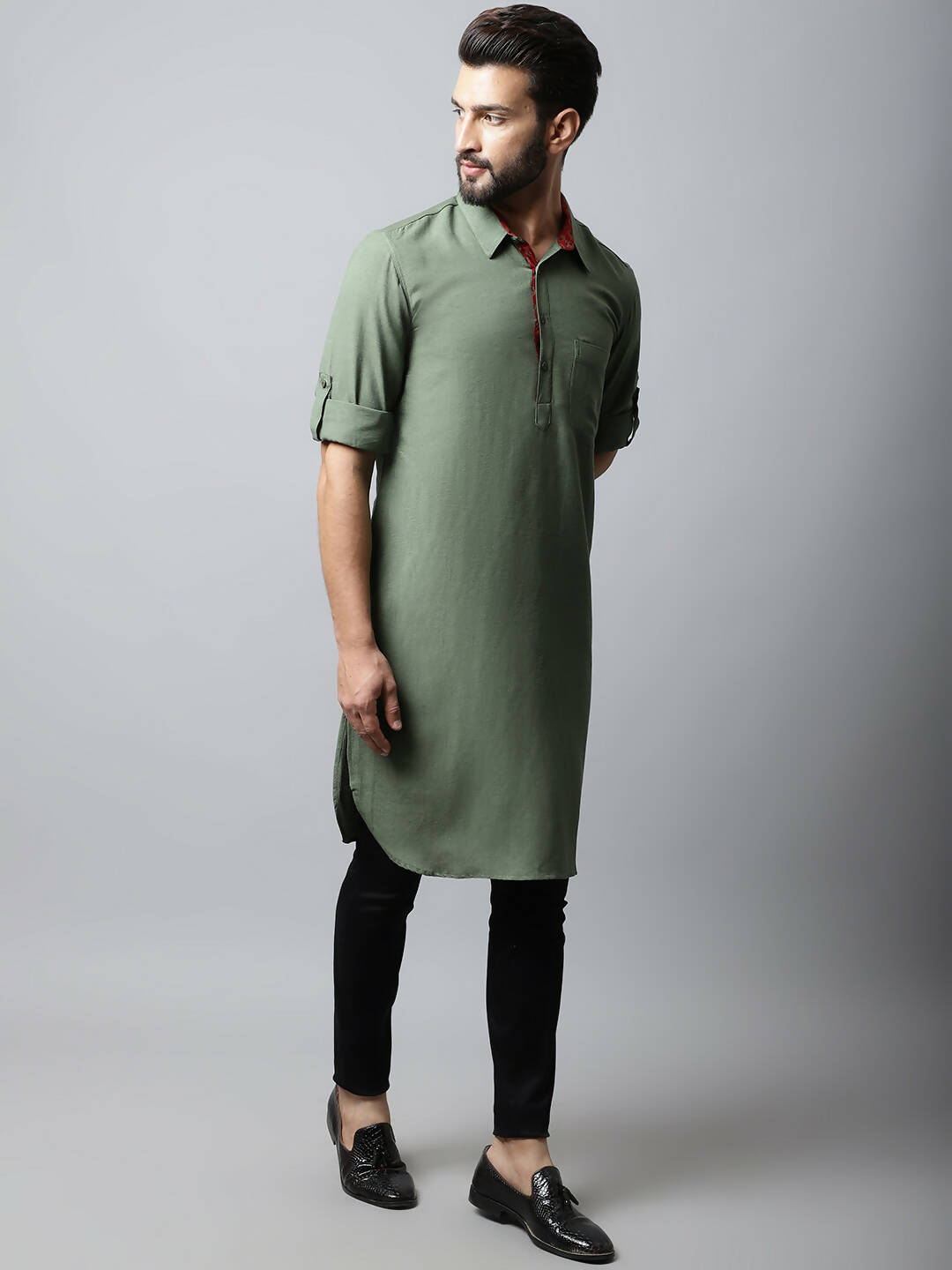 Even Apparels Green Color Linen Solid Men's Kurta With Shirt Collar (LN944) | Grocsy