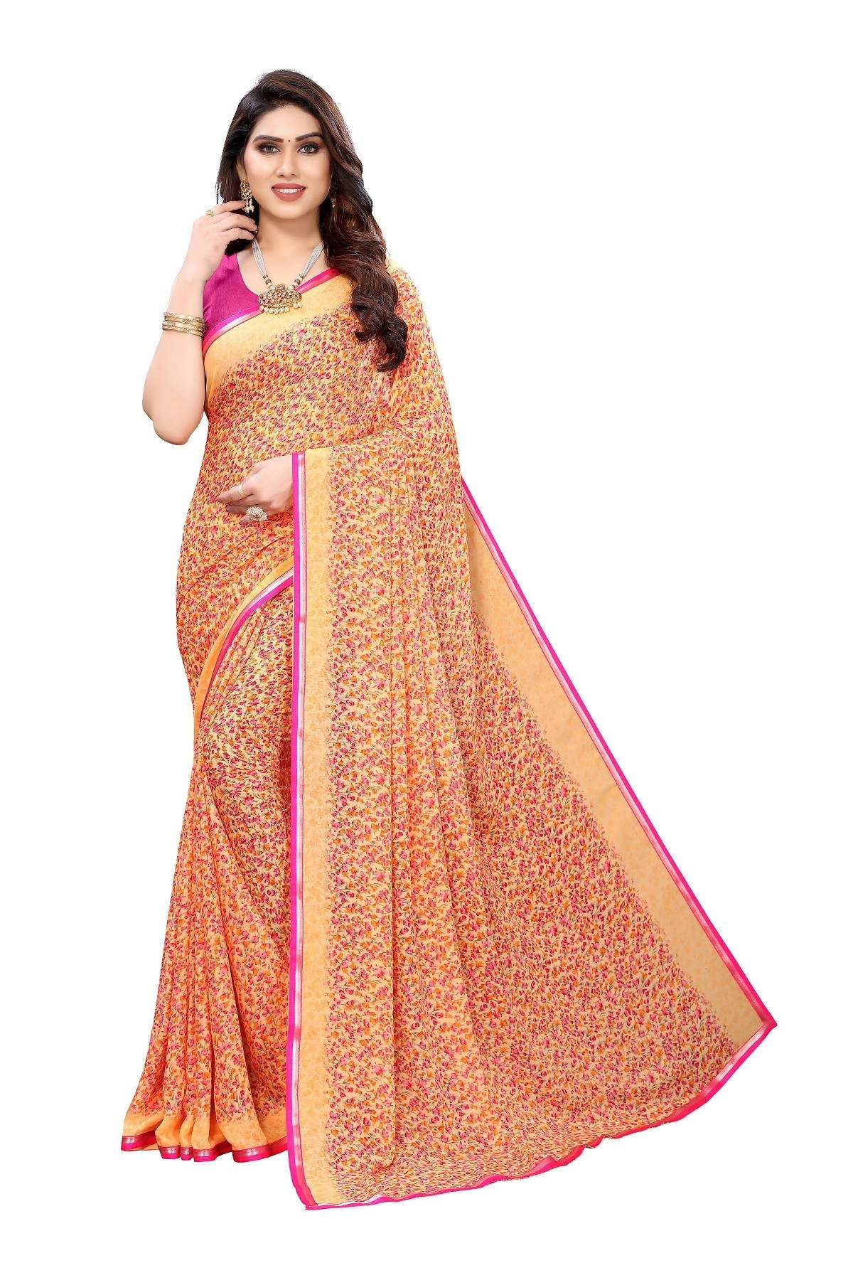 Vamika Ethnic Fire Orange Printed With Lace Saree | Grocsy