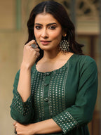 Juniper Women's Green Festive Embroiderd Flared Dress | Grocsy