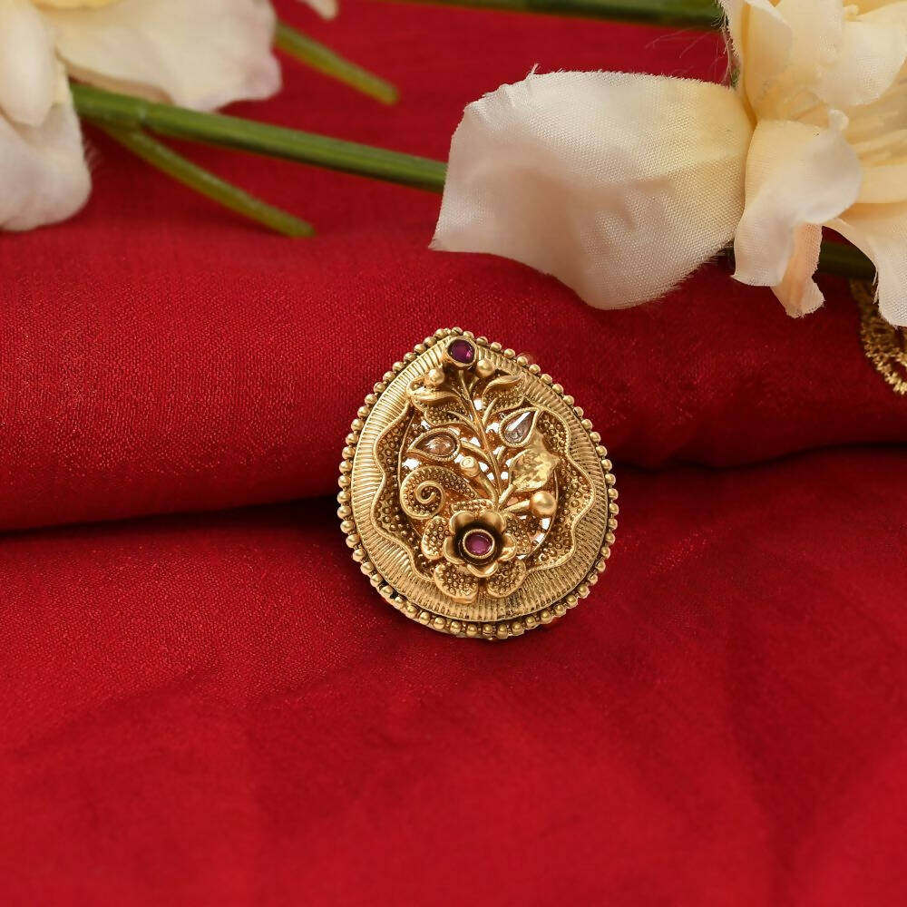 Mominos Fashion Joharkamal Gold-Polished Stone Studded Adjustable Finger Ring - Design 07 | Grocsy
