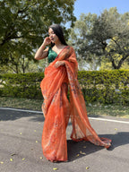 Vamsee Firozi Orange Organza Saree | Grocsy