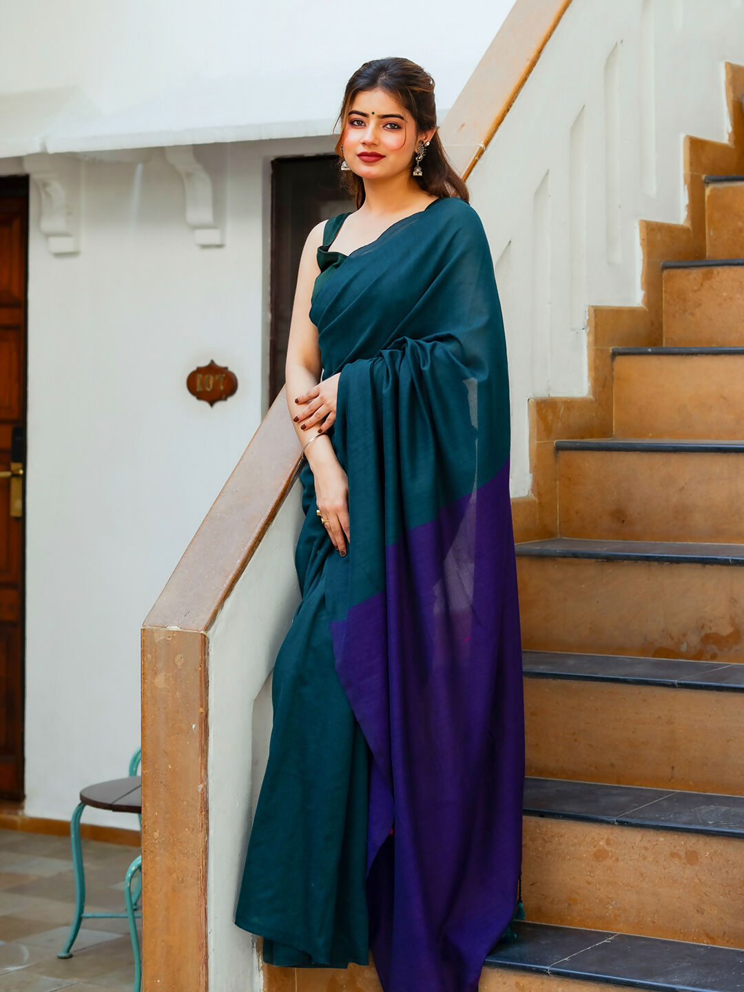 Zibaa Hand-Dyed Mul Cotton Peacock Green Saree with Tassels | Grocsy