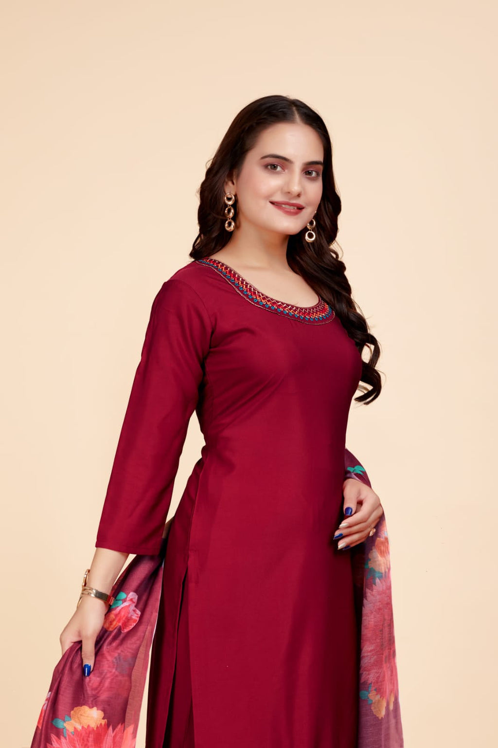 Women's Solid Maroon Kurta Set with Dupatta Set - A2M | Grocsy