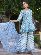 Juniper Women's Blue Cotton Cambric Floral Placement Printed Anarkali Kurta Sharara & Dupatta Set | Grocsy