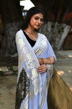 Joban Fashion Silver Crepe Chiffon Pure Handloom Banarasi Silk Saree | Grocsy