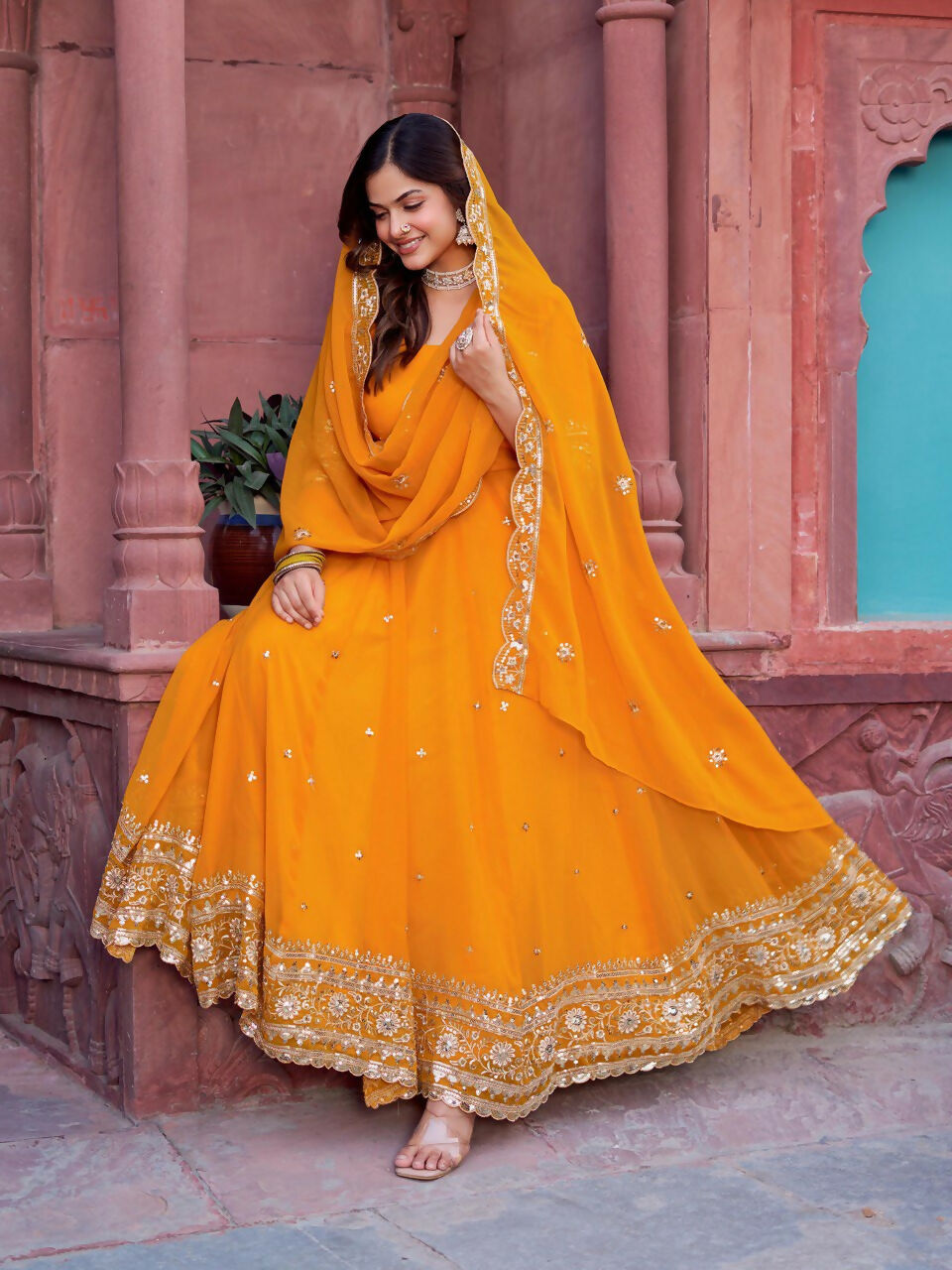 The52 Women's Beautiful Faux Georgette Fabric Embroidery Work Flared Anarkali Pant and Dupatta Set | Grocsy