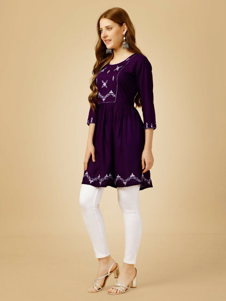 Jyoti Fashion Women's Purple Viscose Rayon Embroidered Casual Top | Grocsy