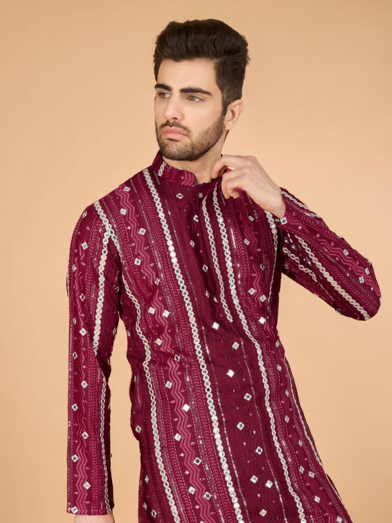 Vastranavya Maroon Exclusive Festival Wear Pure Viscose Rayon Sequence & Foil Mirror Heavy Embroidered Work Kurta | Grocsy