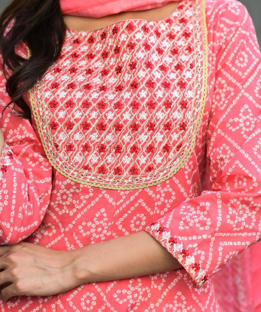 Yufta Women Pink Handblock Printed Kurta with Trouser & Dupatta | Grocsy