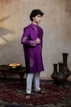 Falling Raw Silk Purple Mayura Cham Set By Hilo Design | Grocsy