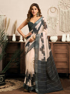 Joban Fashion White & Grey Ethnic Motifs Linen Ready To Wear Saree With Unstitched Blouse | Grocsy