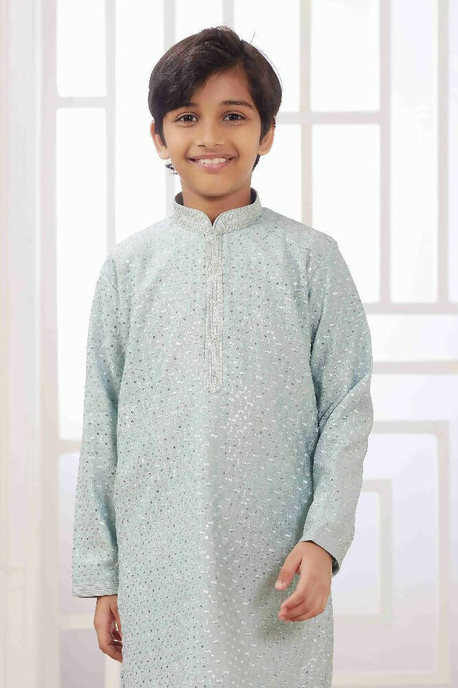 Raivat Ethnic Art Silk Embroidery Work Kids Kurta Pajama In Mint Green Colour | Grocsy
