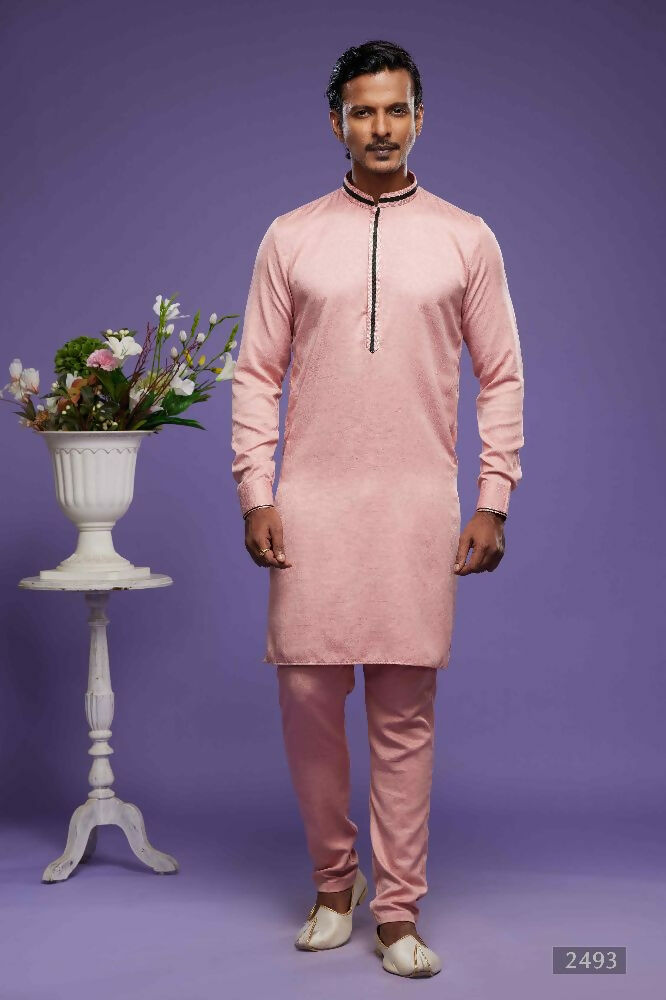 Raivat Ethnic Art Banarasi Silk Thread Work Kurta Pajama In Rust Pink Colour | Grocsy