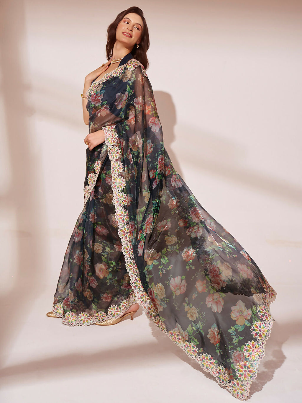 Black Jimmy Choo Designer Work Lace Border & Swarovski Work Saree - Orchid | Grocsy