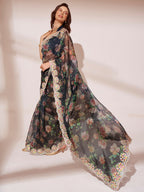 Black Jimmy Choo Designer Work Lace Border & Swarovski Work Saree - Orchid | Grocsy