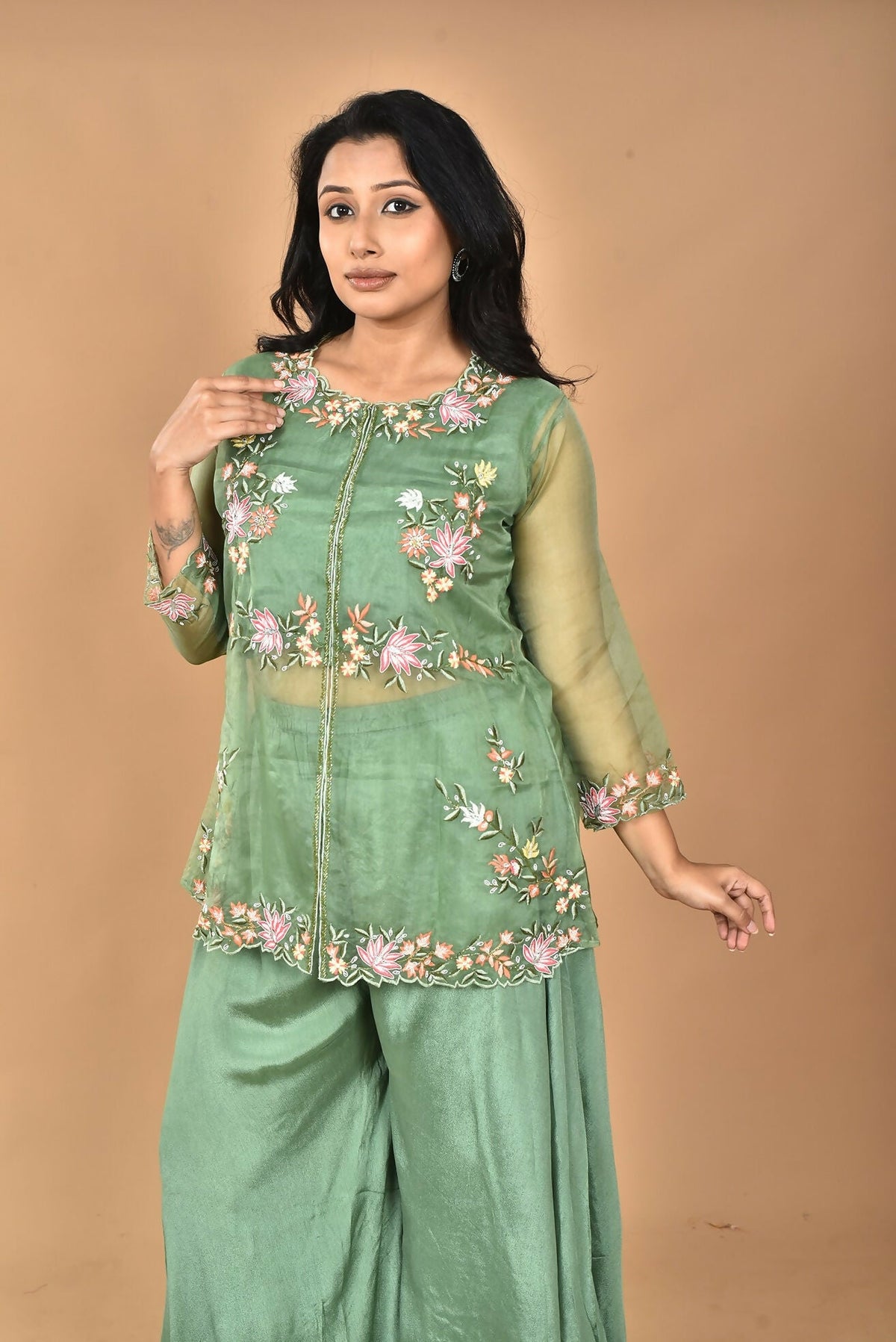 Morchari Women And Hand Embroidery Palazzo Set-Green | Grocsy