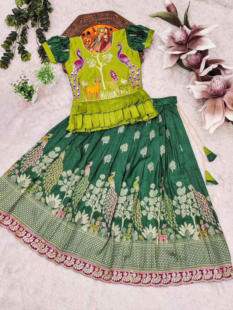 Teeya Creation New Kids Green Color Little Deer Forest Fantasy Lehenga Choli Set -Green | Grocsy