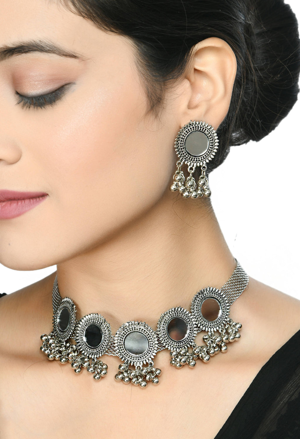 Mominos Fashion Johar Kamal Silver-Plated Brass Finish Mirror Work Women Choker | Grocsy