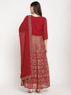 Ahalyaa Women's Maroon Georgette Gold Foil Print Flared Kurta With Dupatta | Grocsy
