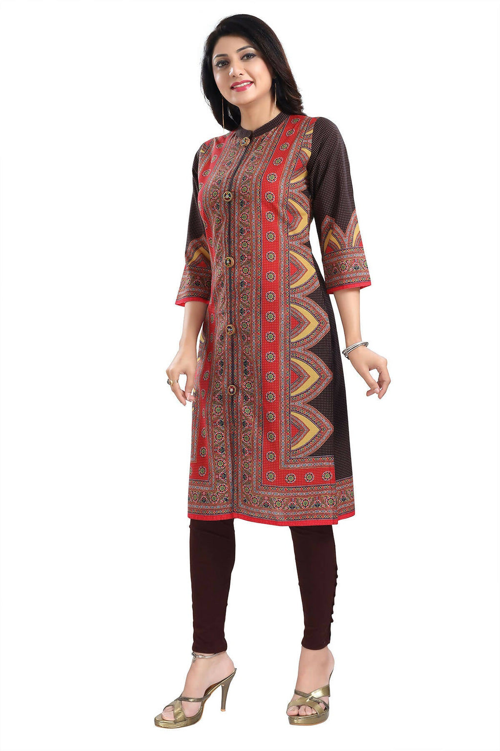 Snehal Creations Bombastic Brown Designer Digital Print Cotton Slub Fabric Long Kurti Tunic | Grocsy