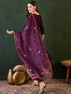 Sangria Embroidered Zari Sequence Kurta With Trousers & Dupatta Set | Grocsy
