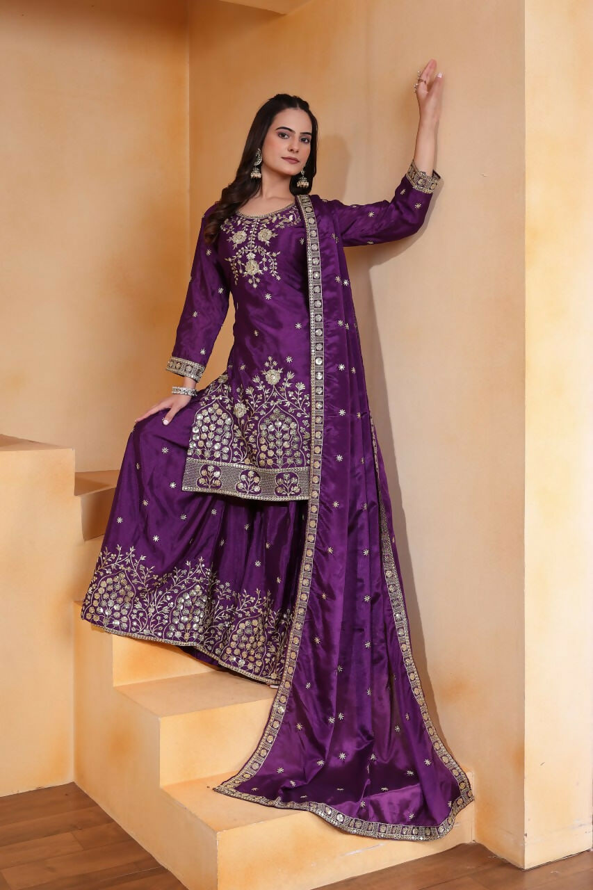 Joban Fashion Purple Silk Embroidered Sharara Set | Grocsy