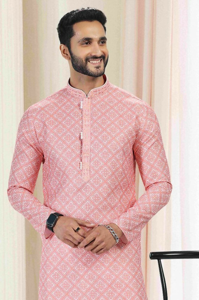 Raivat Ethnic Cotton Thread Work Kurta Pajama In Orange Colour | Grocsy