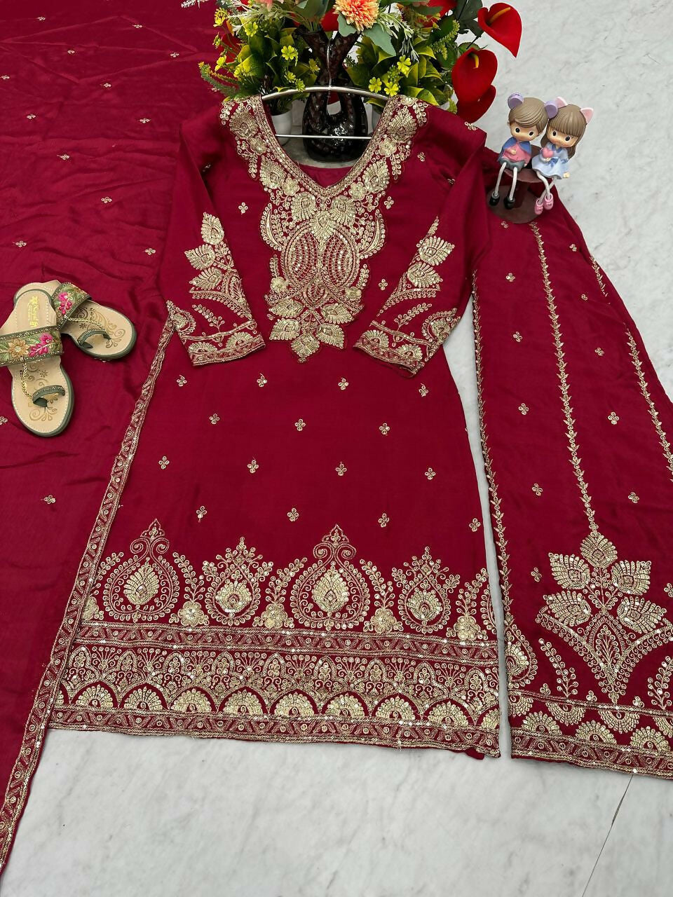 Teeya Creation Womens New Wedding Wear Heavy Embroidery Thread Work Maroon Kurta Set | Grocsy