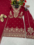 Teeya Creation Womens New Wedding Wear Heavy Embroidery Thread Work Maroon Kurta Set | Grocsy