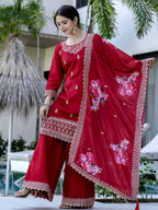 The52 Red Women's Gorgeous Embroidered Vichitra Silk Fabric Straight Kurta, Sharara and Dupatta Set | Grocsy