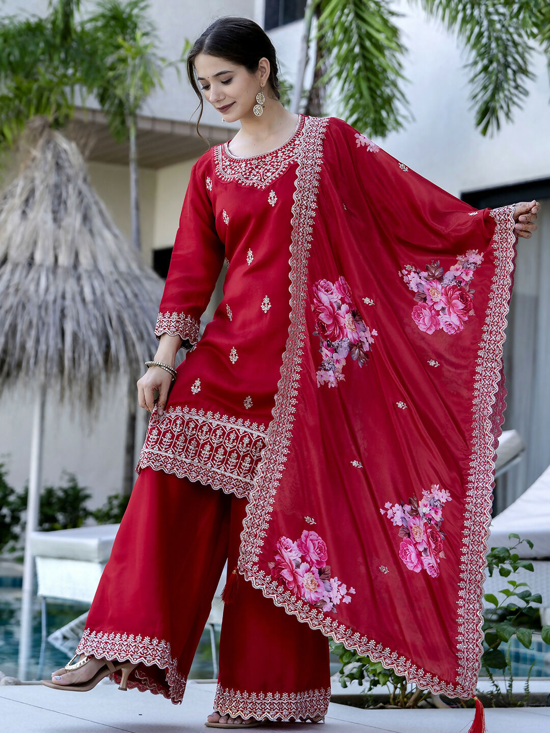 The52 Red Women's Gorgeous Embroidered Vichitra Silk Fabric Straight Kurta, Sharara and Dupatta Set | Grocsy