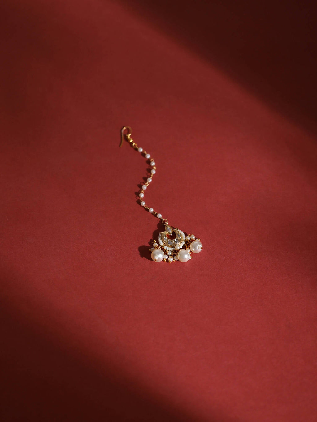Gold-Polished White Kundan-Studded Beaded Layered Maang Tikka - Ruby Raang | Grocsy