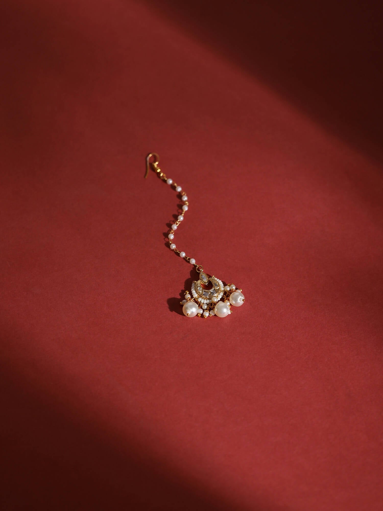 Gold-Polished White Kundan-Studded Beaded Layered Maang Tikka - Ruby Raang | Grocsy