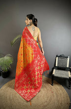 Joban Fashion Yellow And Red Geometric Pattern Soft Silk Patola Saree | Grocsy