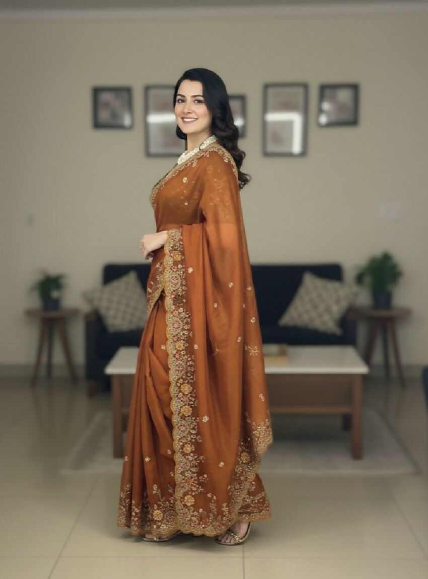Teeya Creation New Trendy Stylish Party Wear Silk Saree-Orange | Grocsy