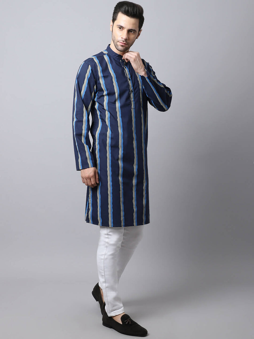 Even Apparels Navy Pure Cotton Men's Kurta With Band Collar (STR1169) | Grocsy