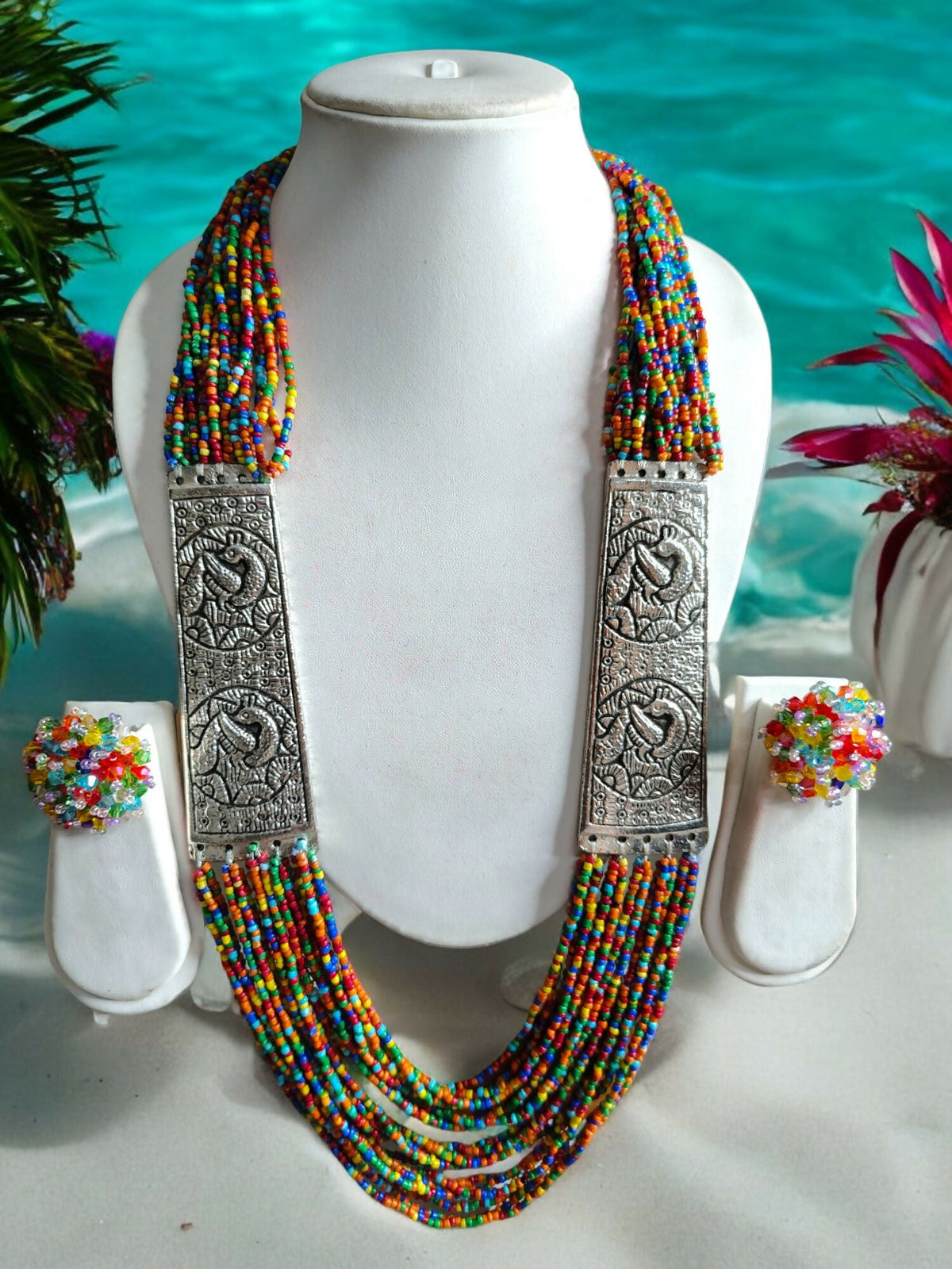 Inhanns Saree Shobha Statement Necklace & Earring Set - Multicolour Necklace With Earrings | Grocsy
