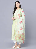 Myshka Women Lime Green Floral Printed Panelled Pure Cotton Kurti with Trousers With Dupatta | Grocsy