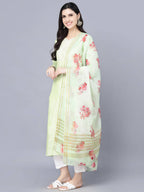 Myshka Women Lime Green Floral Printed Panelled Pure Cotton Kurti with Trousers With Dupatta | Grocsy