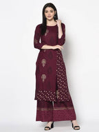 Aniyah Rayon Wine Color Block Print Straight Kurta Palazzo Set (AN-174K) | Grocsy