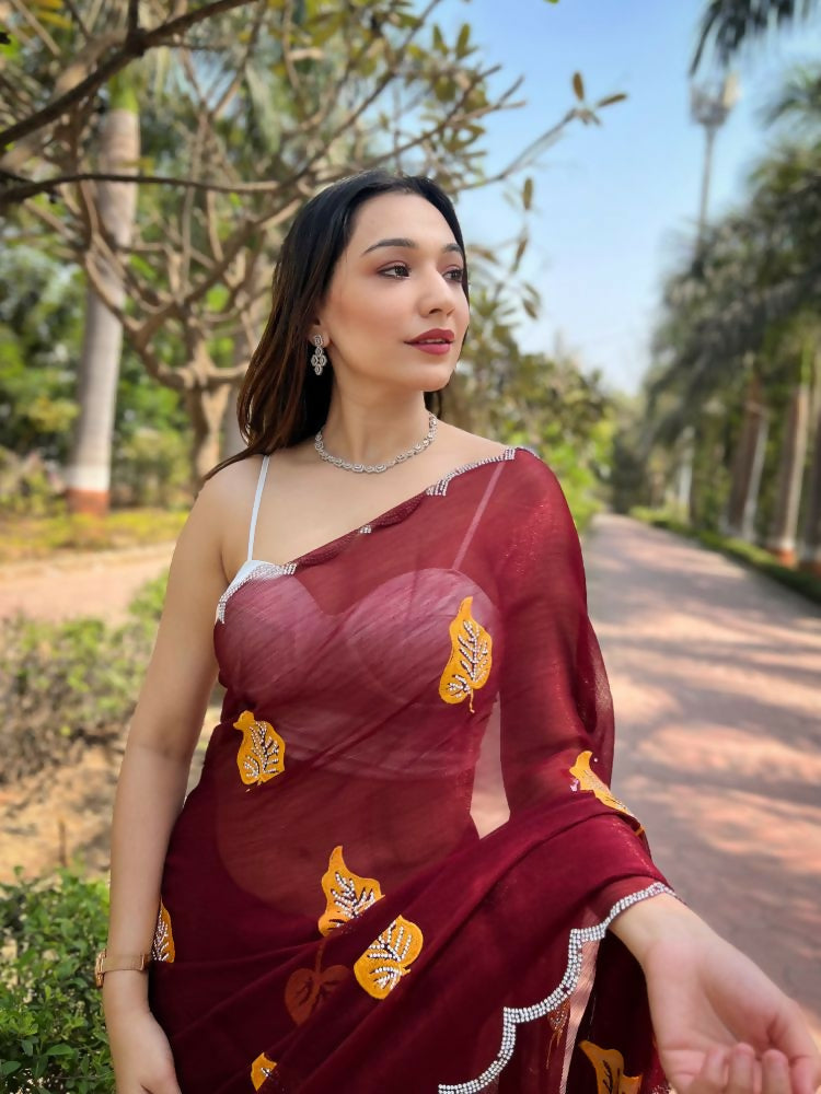 Vamsee Ashvini Maroon Chiffon Saree | Grocsy