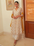 Janasya Women's White Chiffon Lurex Floral Printed Festive Flared Kurta Set | Grocsy