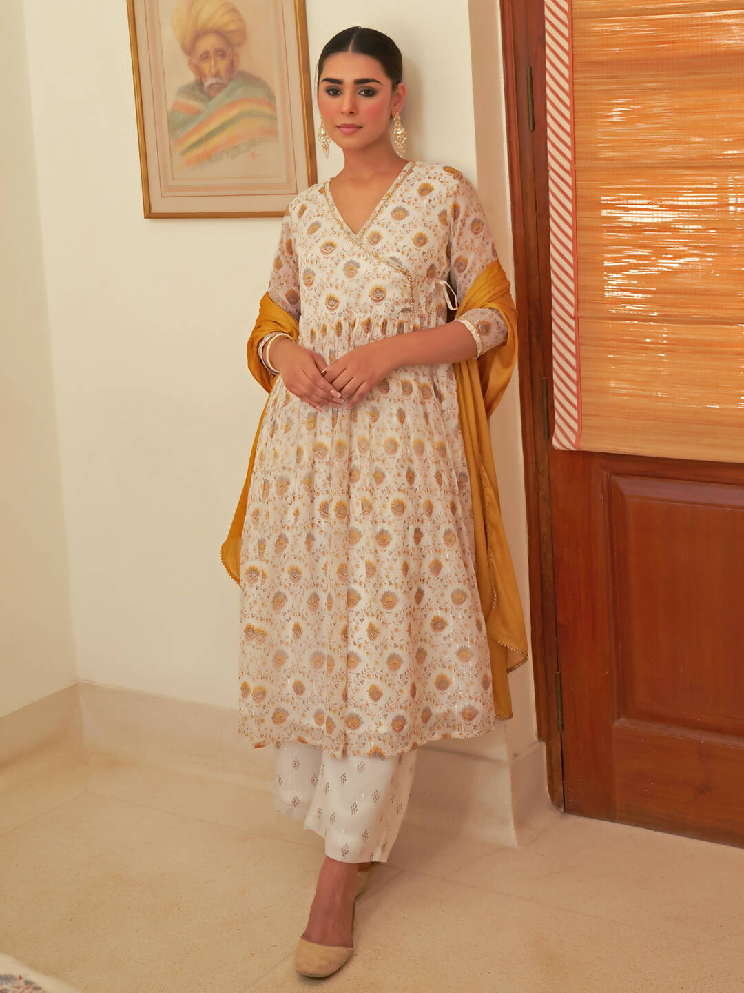 Janasya Women's White Chiffon Lurex Floral Printed Festive Flared Kurta Set | Grocsy