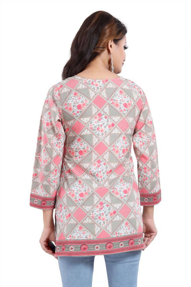 Snehal Creations Precious Pink Faux Crepe Printed Short Kurti Tunic | Grocsy