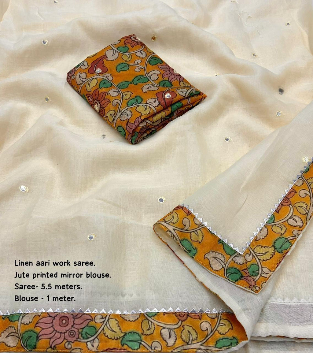 Yellow Pure Linen Ethnic Motifs Saree with Unstitched Blouse - Hiral Fashion | Grocsy