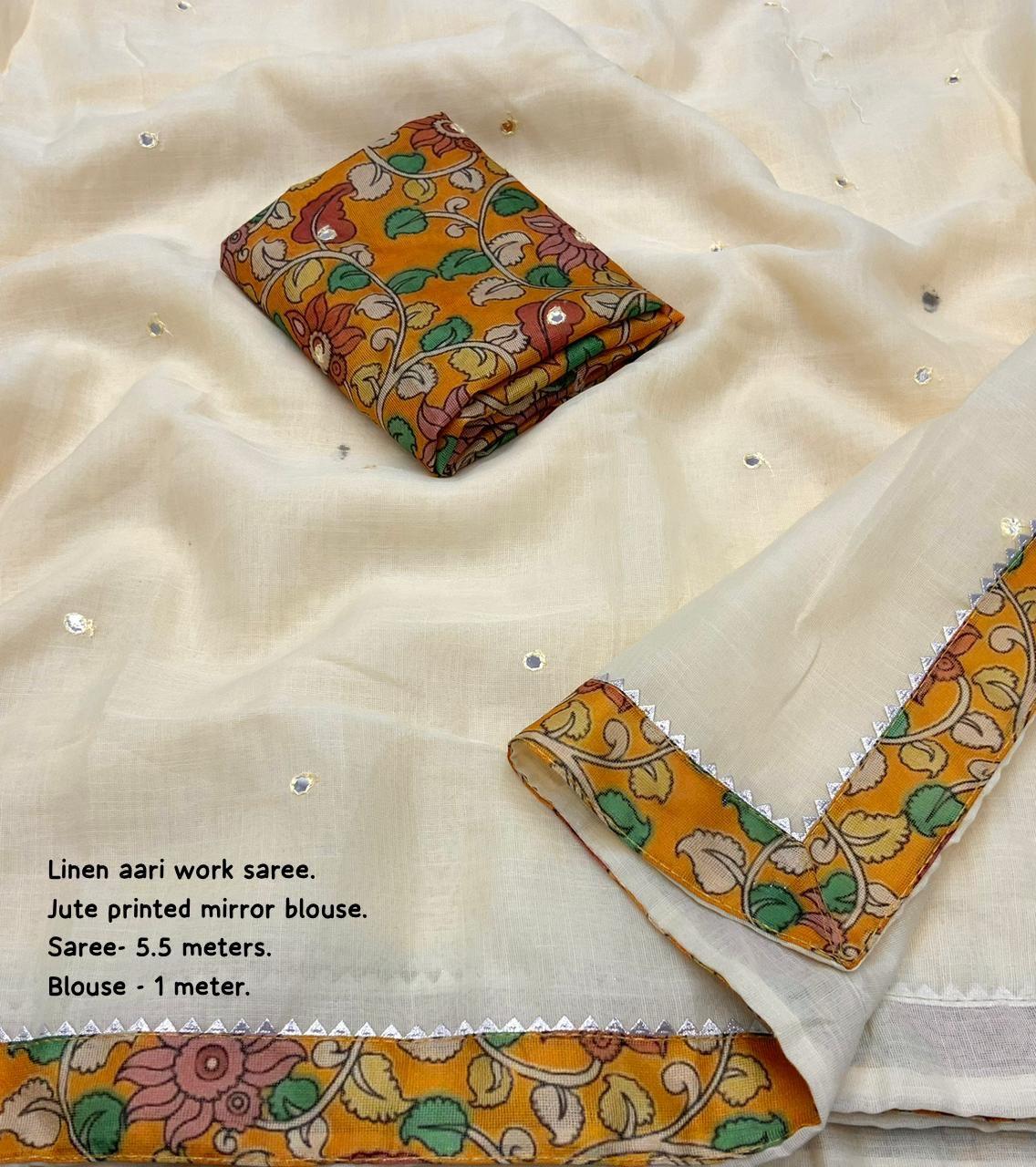 Yellow Pure Linen Ethnic Motifs Saree with Unstitched Blouse - A2M | Grocsy
