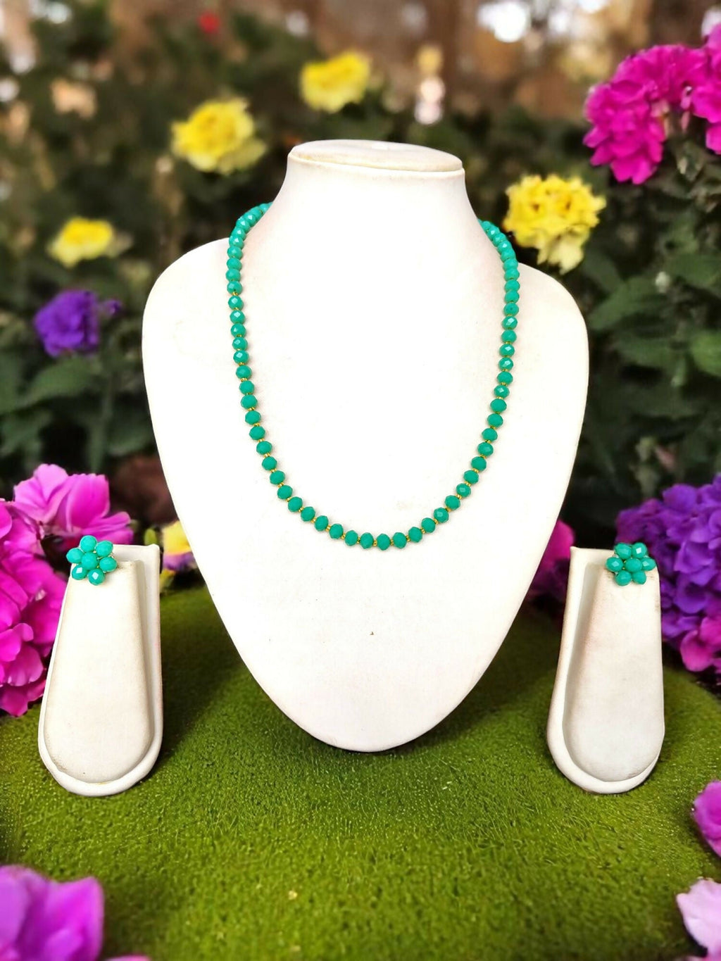 Inhanns Crystal Bloom – Single Line Necklace + Studs - Sea Green | Grocsy